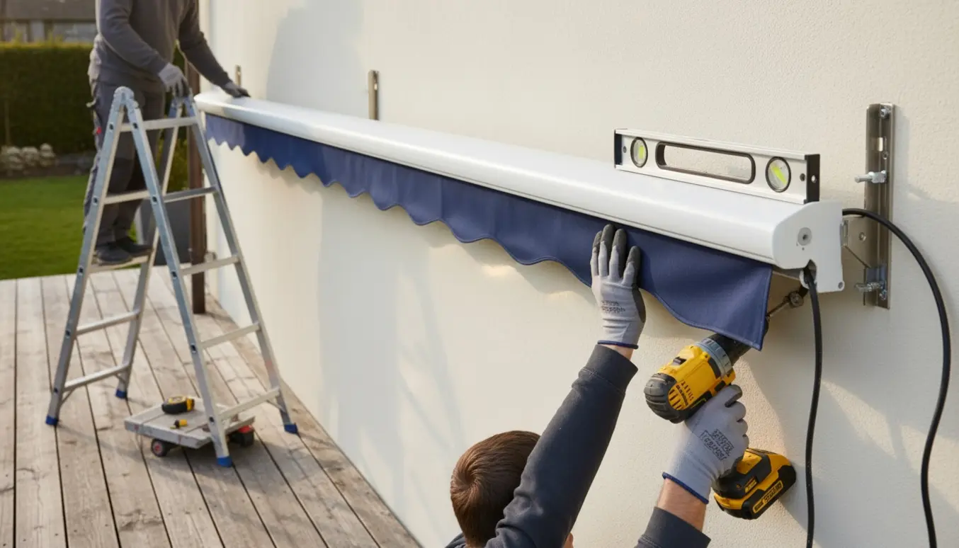 Installatører monterer en elektrisk markise på en husmur over en terrasse, med værktøj og fokuserede hænder.