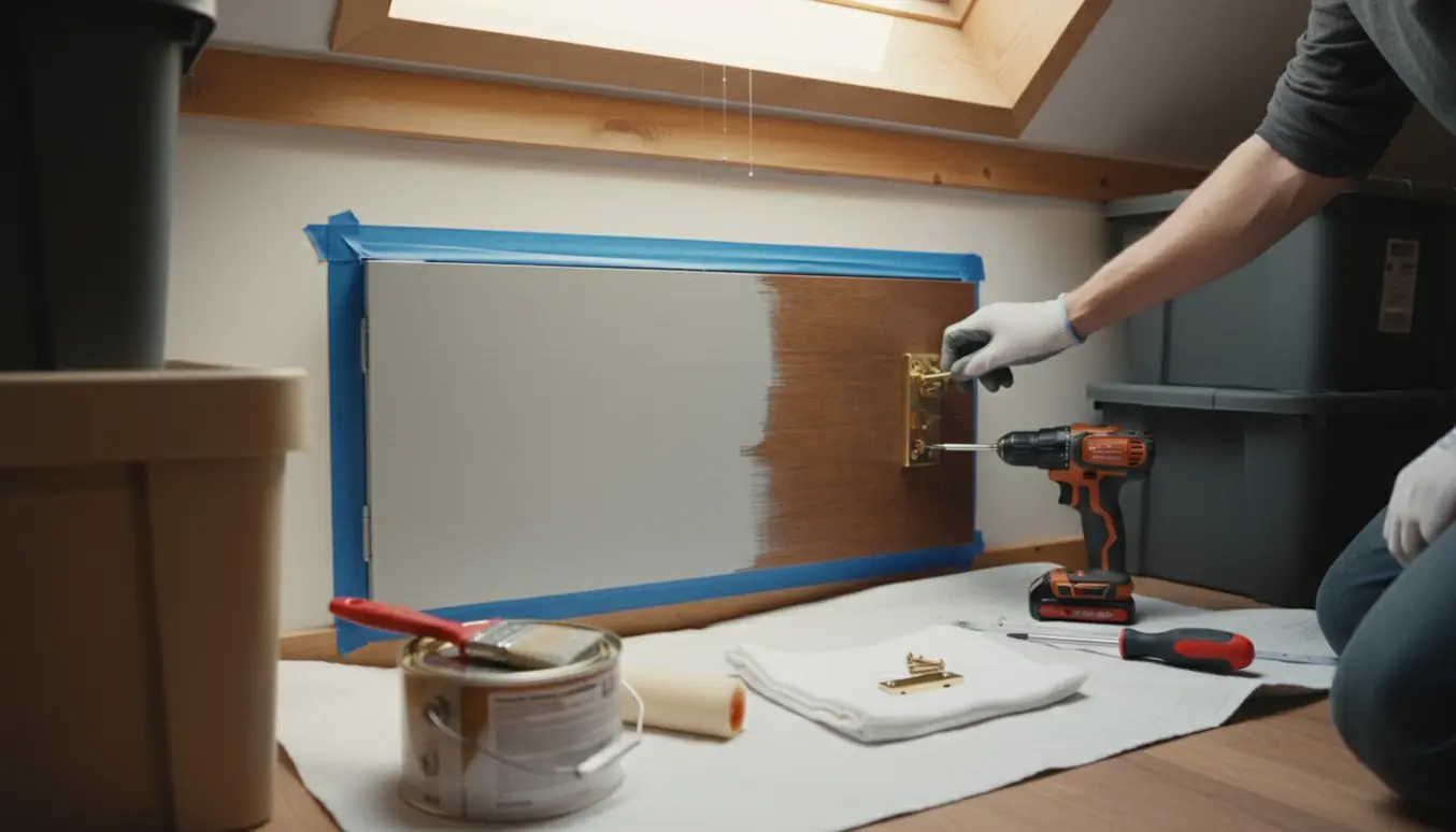 Hænder maler og monterer en lås på en skunklem i en lys loftsbod.