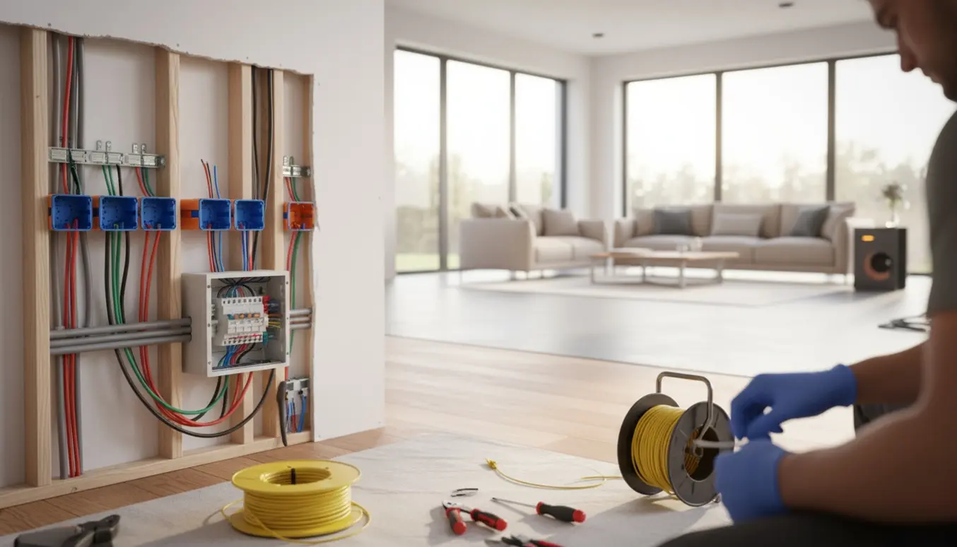 Indvendigt hjem under ny elinstallation med åbne vægge, kabler og en elektrikers hænder ved arbejdet.