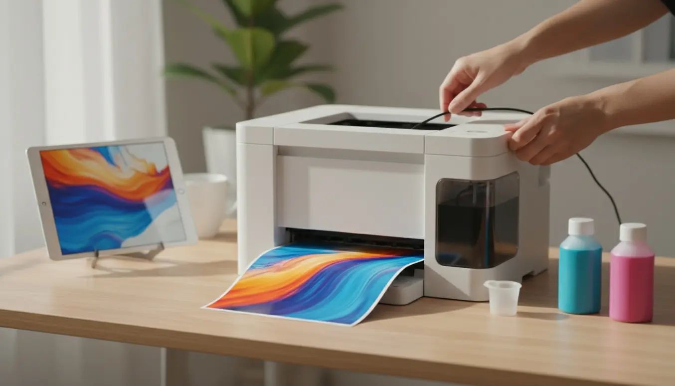 Opsætning af en hvid alt-i-en blækprinter med synlige blæktanke og en tablet ved siden af på et træbord.