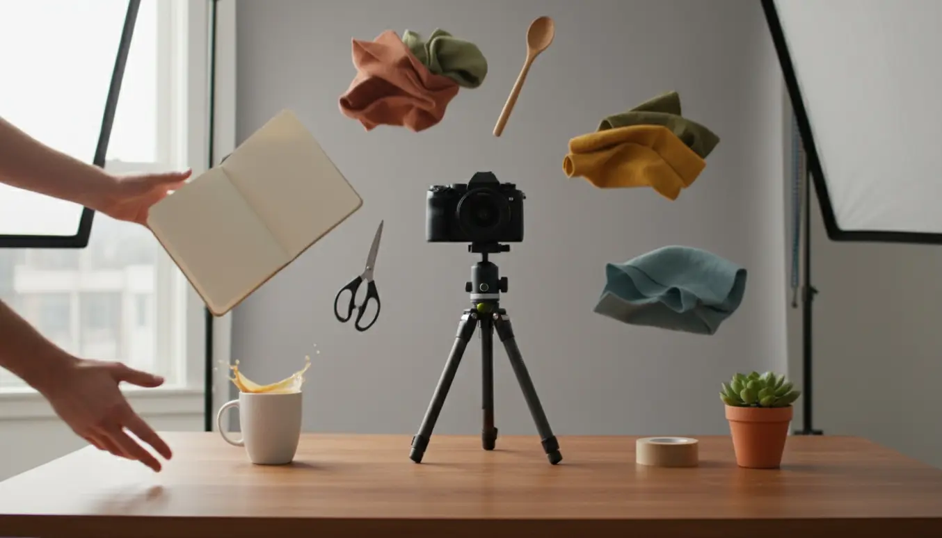 Hænder kaster forskellige hverdagsobjekter i luften over et lyst bord i et fotostudie.