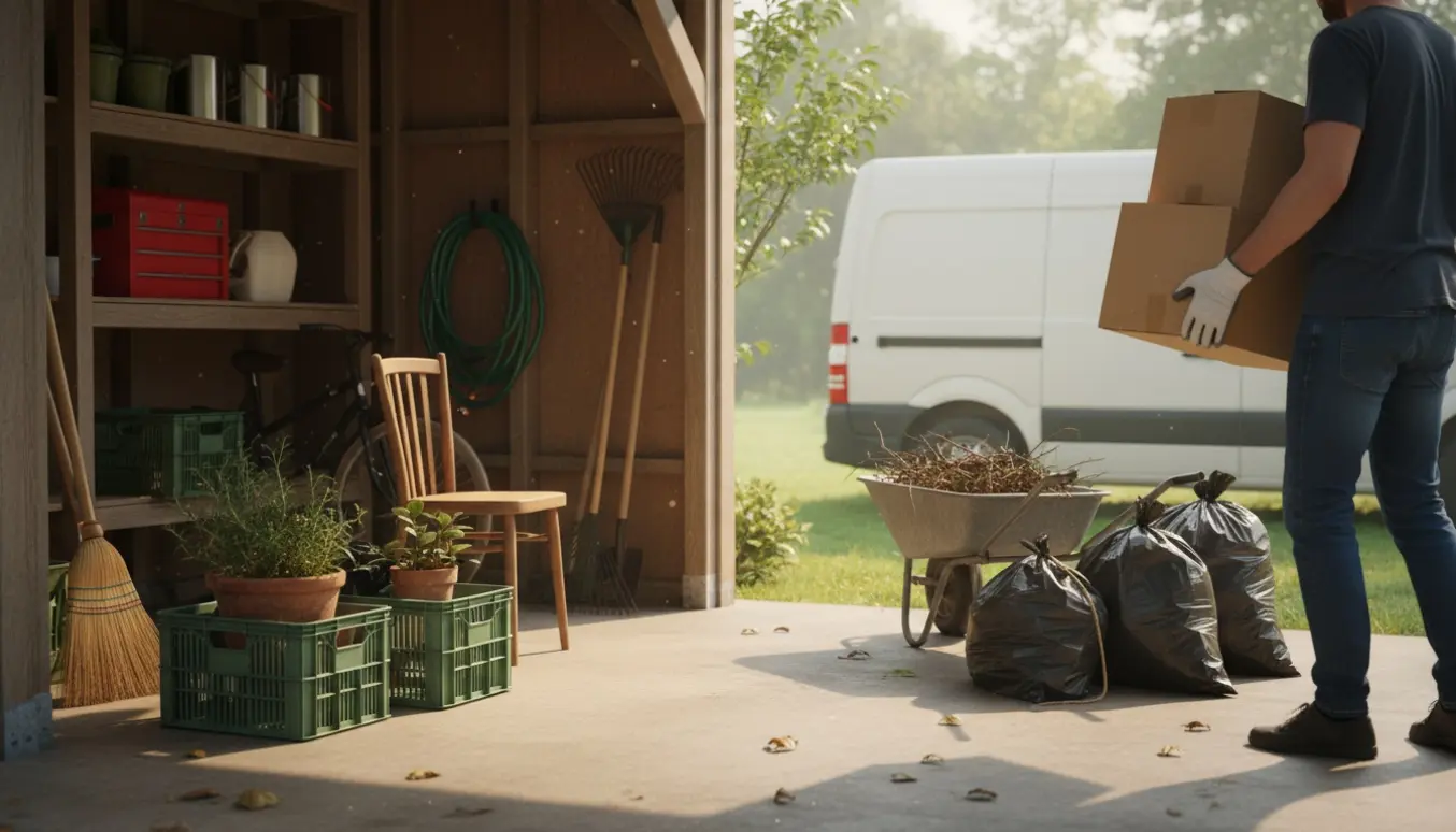 Person set bagfra rydder carport og redskabsskur, ting stablet og klar til bortkørsel.