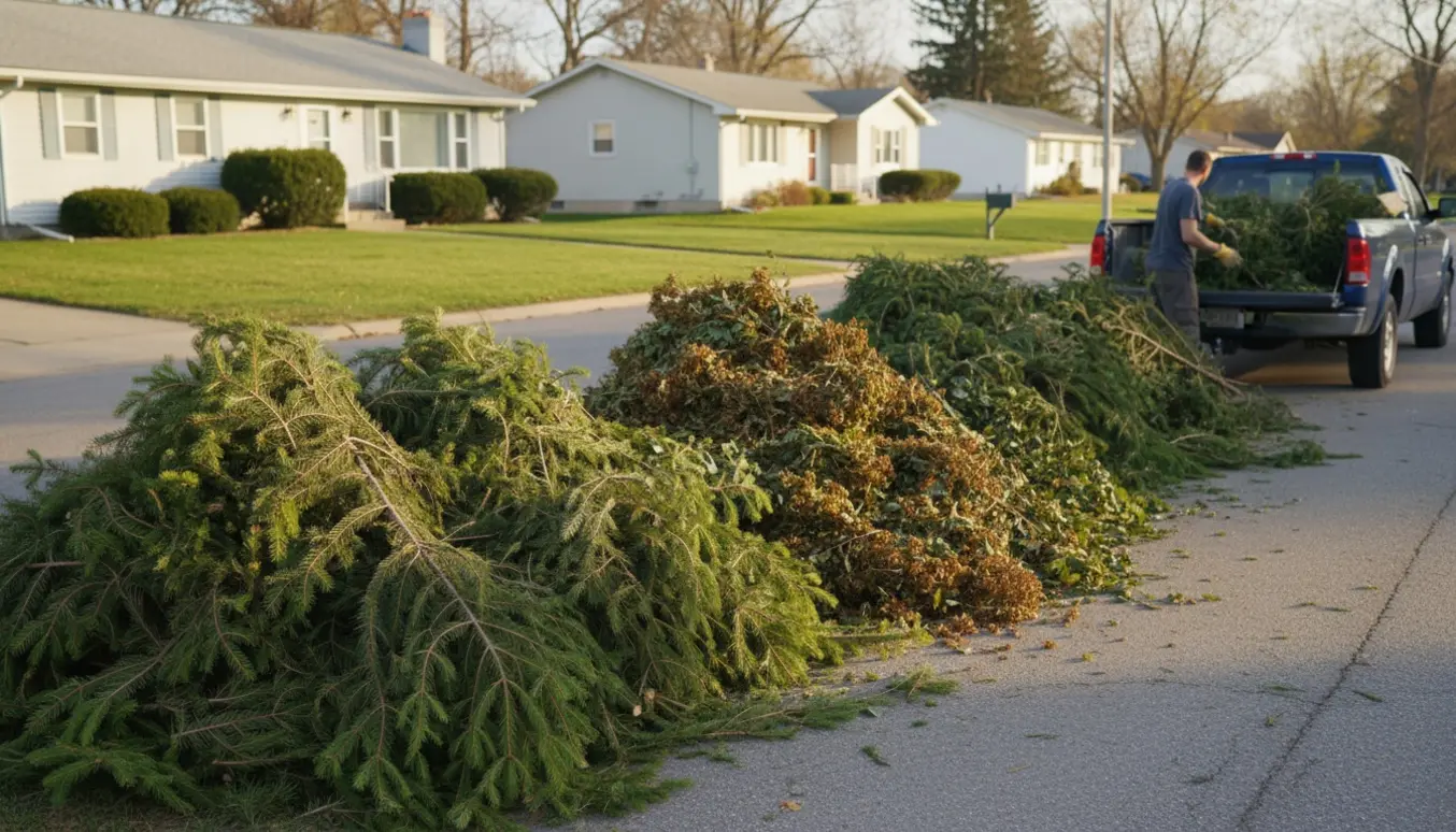 Bunker med granaffald og hækkegrene ligger løst ved fortovet foran to huse klar til afhentning.