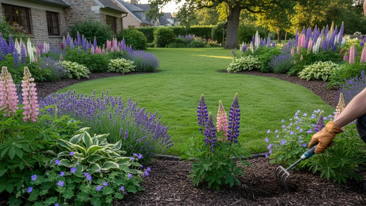 Græsplæne med brede, frodige staudekanter der mindsker græsarealet
