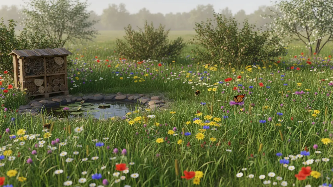 Vild have med blomstereng, insekthotel og lille dam fuld af bier og sommerfugle