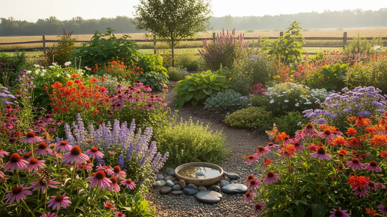 Sommerfuglehave med purpursolhat, isop og asters, sommerfugle ved blomster og drikkeskål