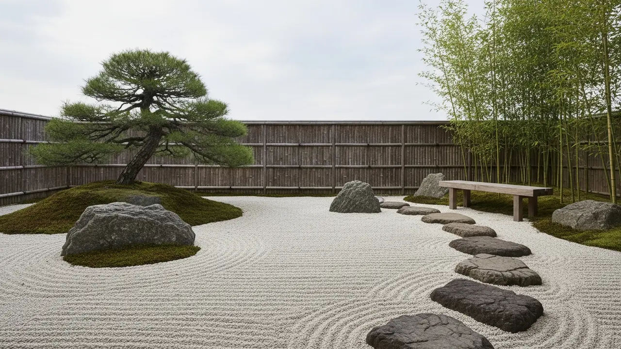 Japansk have med renset grus, store sten, bambus og præcist beskårne træer