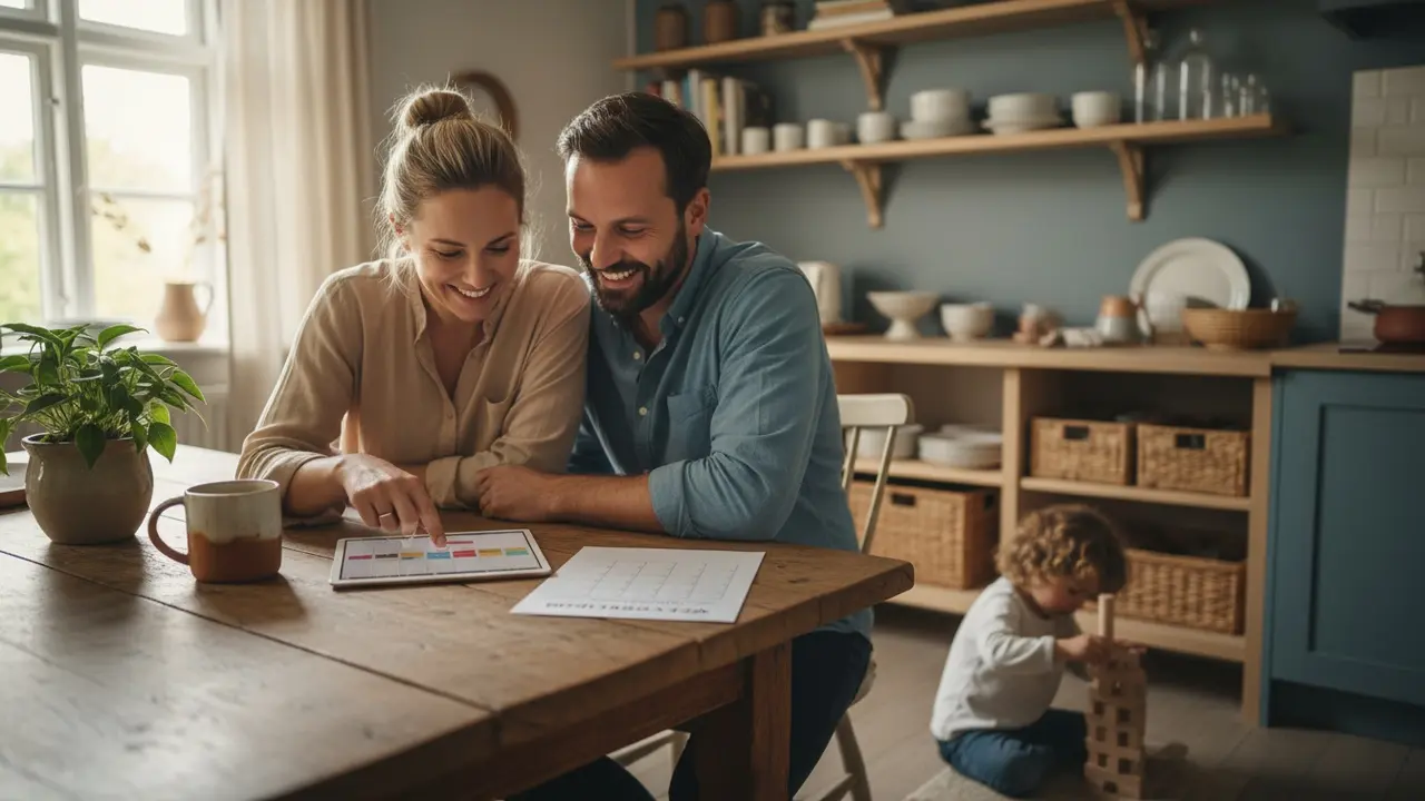 Familie planlægger rengøring ved køkkenbordet med kalender og tjekliste.