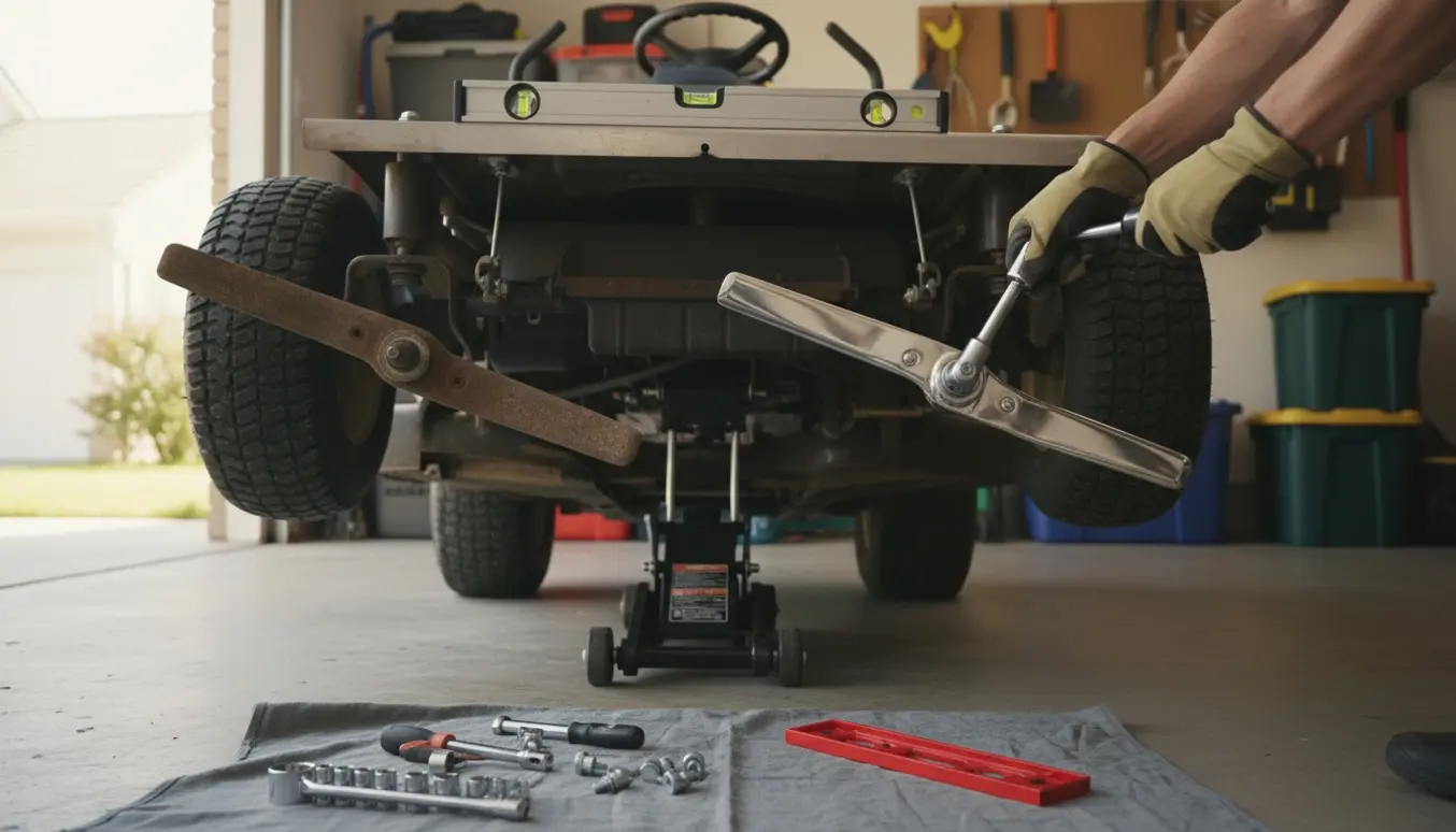 Nærbillede af montering af nye knive under en 46-tommers havetraktor i en garage med værktøj og vaterpas.