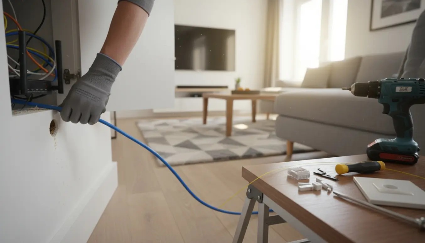 Hænder fører et Ethernet-kabel fra et teknikskab i bryggerset ind gennem fodlisten i stuen.