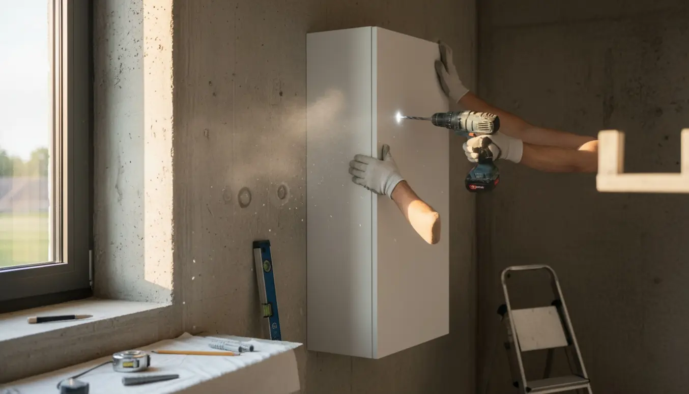 Hænder monterer et 140 cm højt højskab på en betonvæg med boremaskine og værktøj.