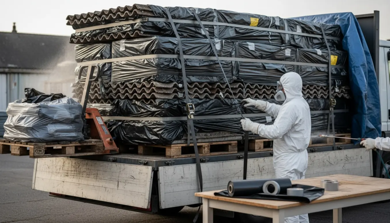 Arbejder i fuldt beskyttelsesudstyr læsser indpakkede asbestholdige skiferplader sikkert på en lastbil.