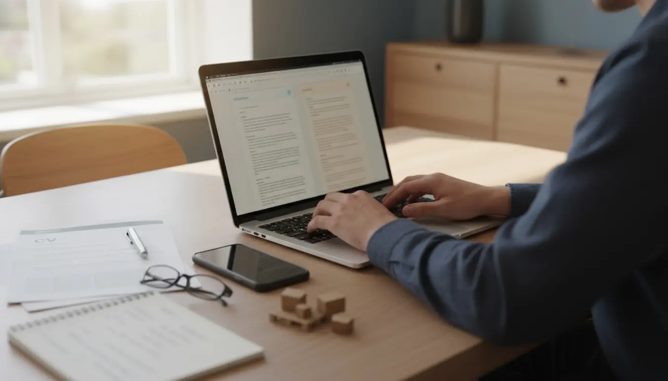 Over-the-shoulder foto af en person, der opdaterer sin professionelle profil på en bærbar i et lyst hjemmekontor med CV og små logistikelementer på bordet.