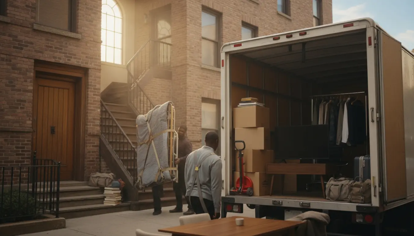 Flyttefolk bærer en dobbeltseng og en tung rumdeler op ad en trappe ved en åben flyttevogn, omgivet af flyttekasser, kufferter og møbler klar til flytning til Aalborg.