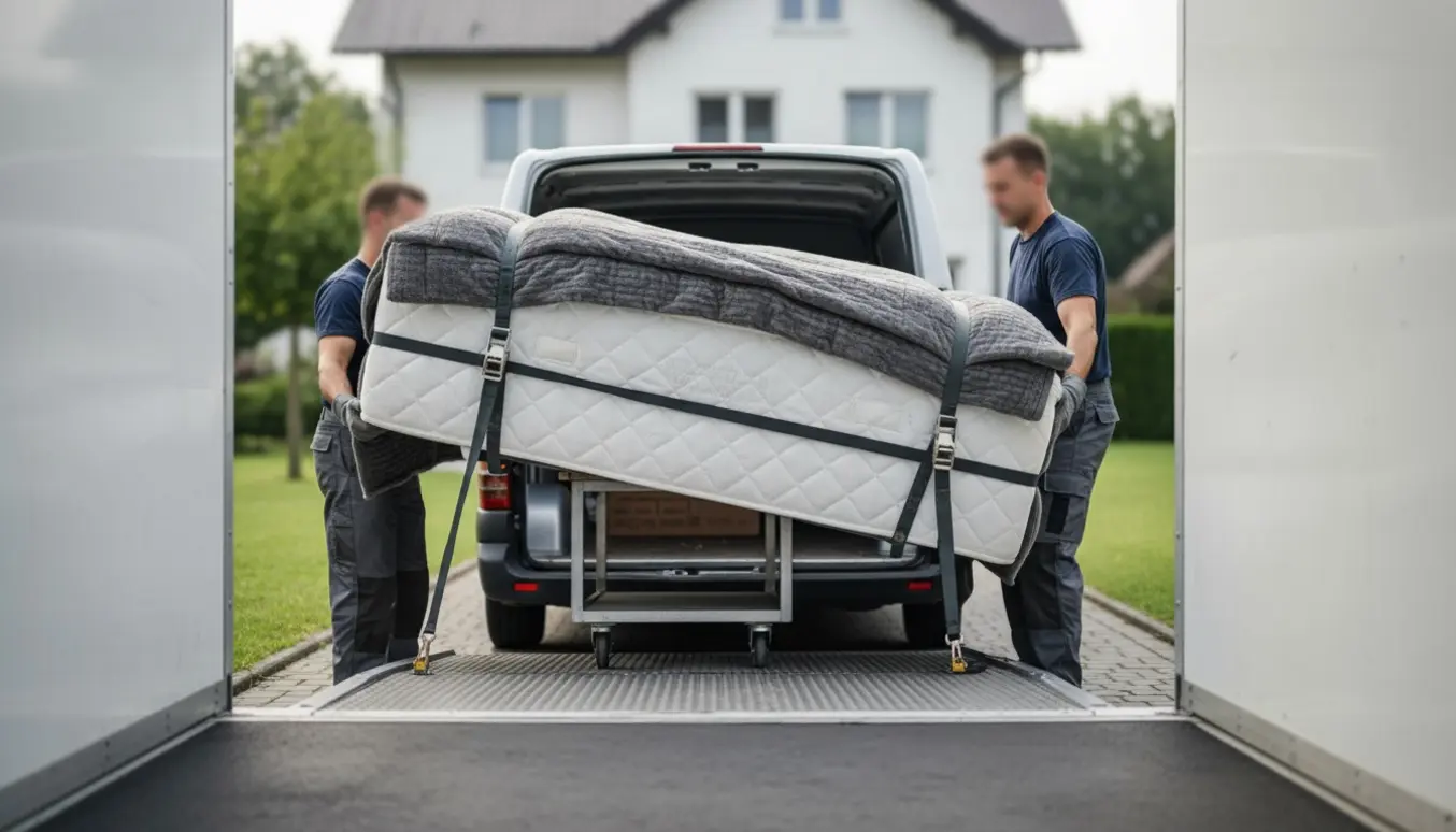 To personer bærer en stor boxmadras ind i en flyttevogn med dolly og stropper.