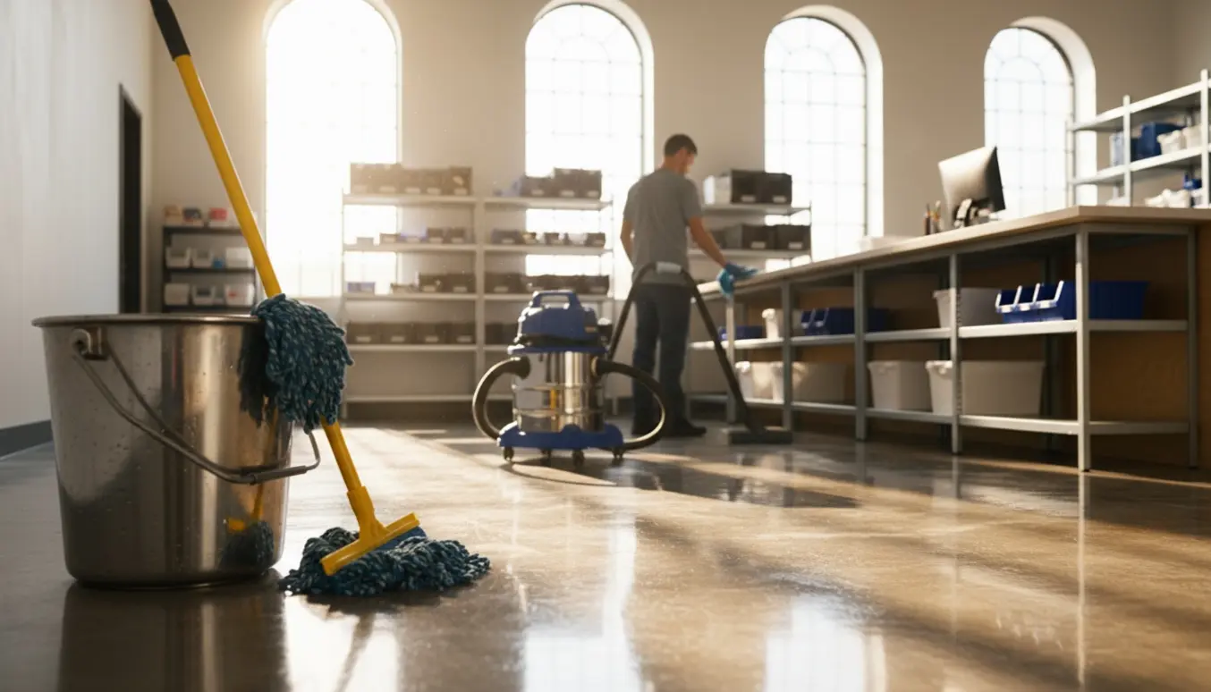 Rengøringspersonale vasker gulv og tørrer overflader i et lyst erhvervsrum.