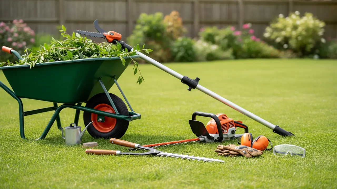 Oversigt over hækklippeudstyr: handsker, briller, høreværn, hækkeklipper, teleskopstang, trillebør