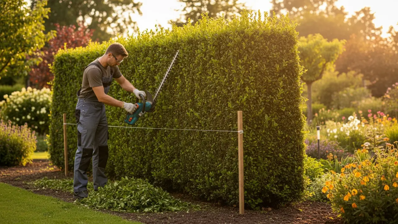 Gartner trimmer hæk med snor som rettesnor, starter nedefra og giver bunden større bredde