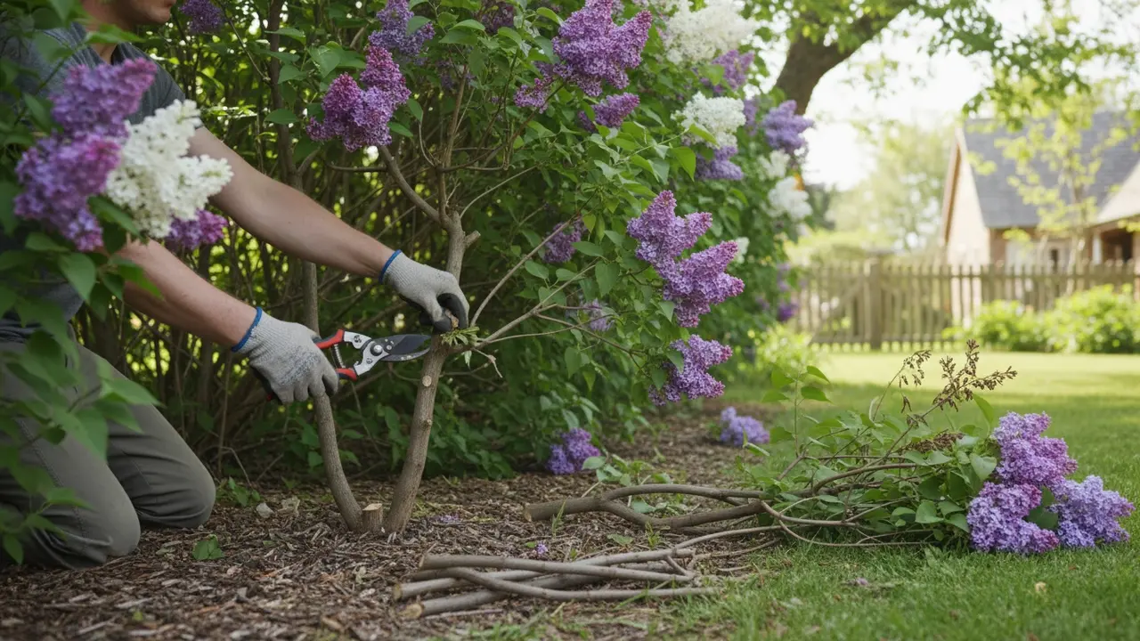 Gartner fjerner gamle grene og vildskud på en blomstrende syrenhæk under beskæring