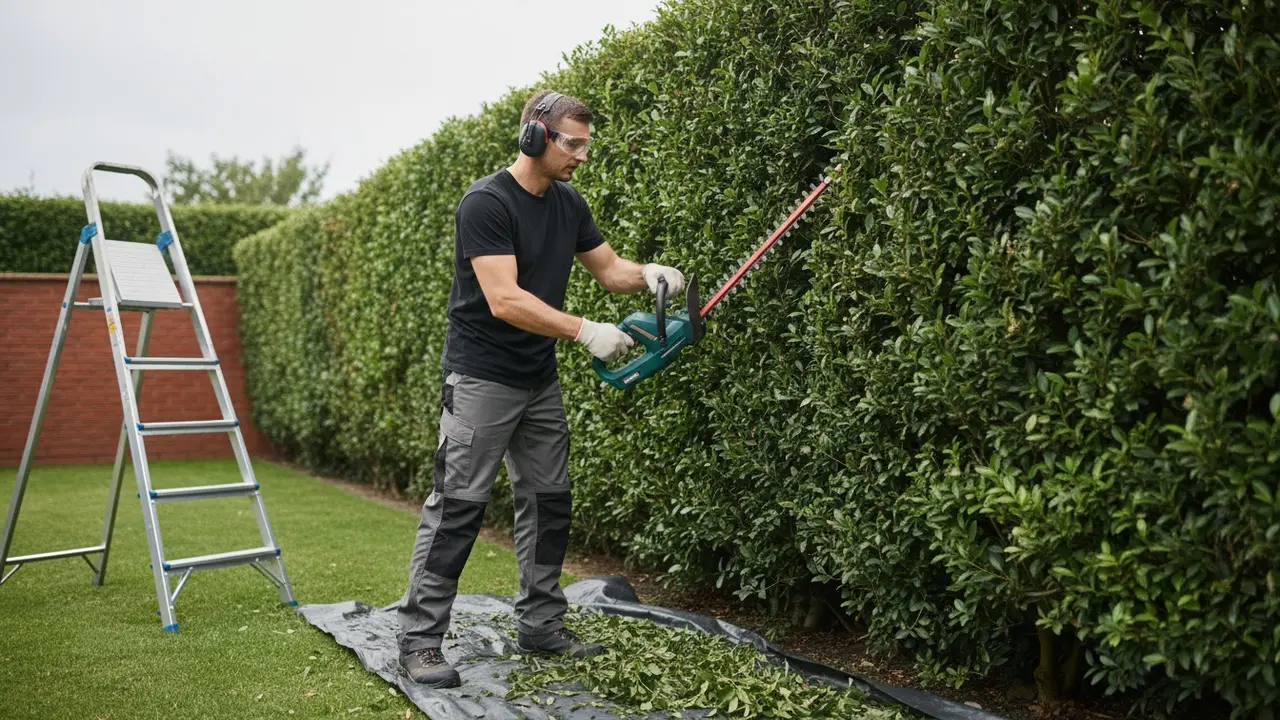 Person i sikkerhedsudstyr klipper hæk med stabil kropsholdning og ryddet område