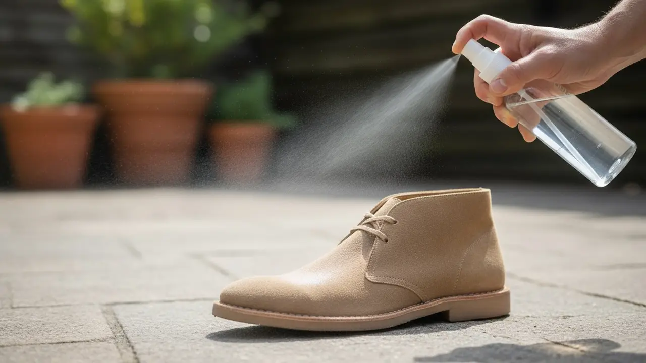 Hånd sprayer ruskindssko med beskyttelsesspray, synlig fin tåge