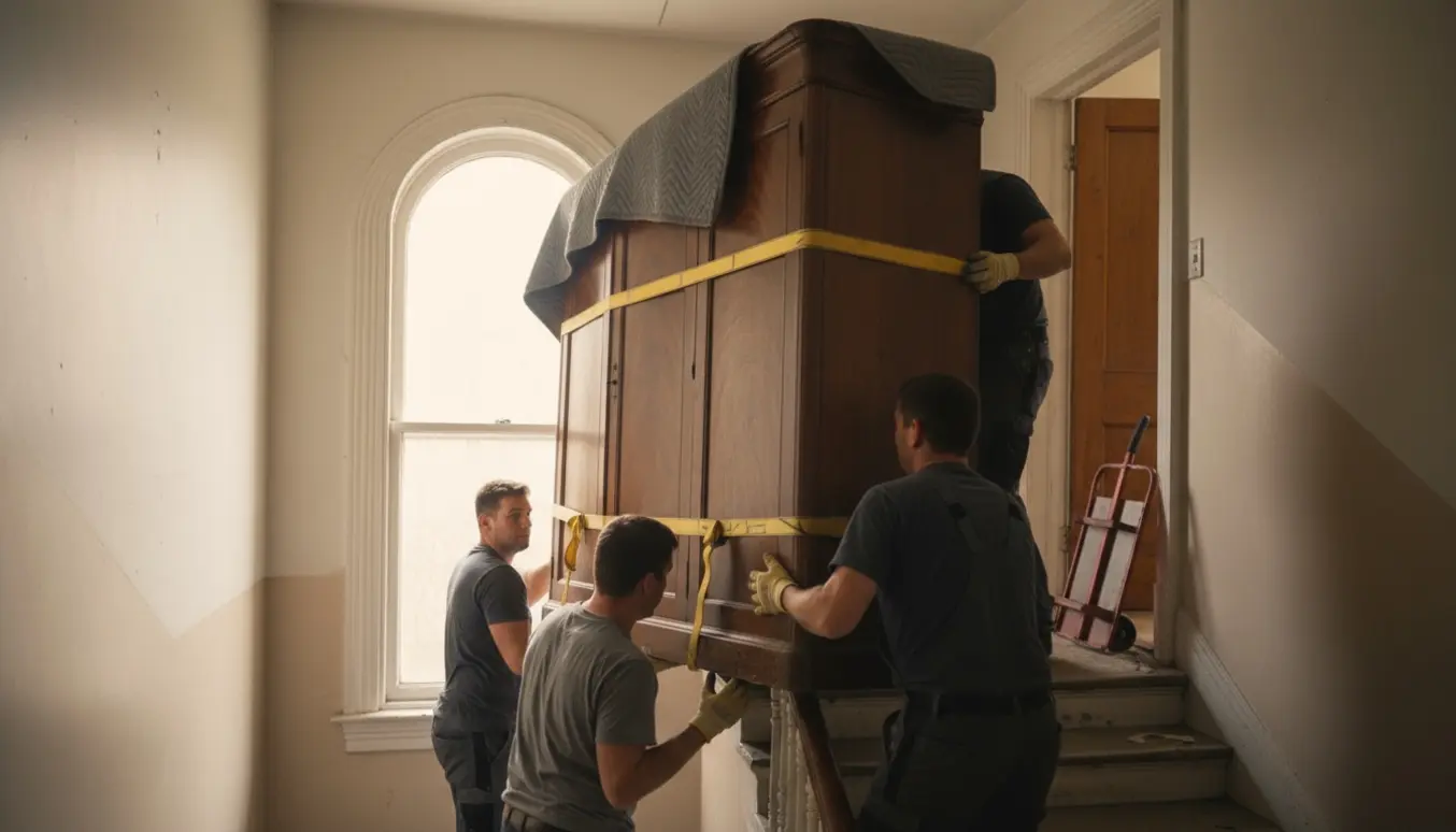 Flyttere bærer et højt gammelt træselskab op ad en smal trappe mod tredje sal, beskyttet af tæpper og stropper.