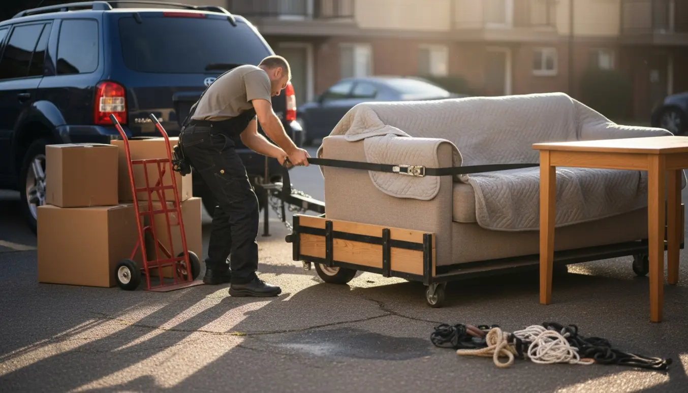 En person spænder stropper om en sofa på en trailer i en indkørsel under en flytteopgave.