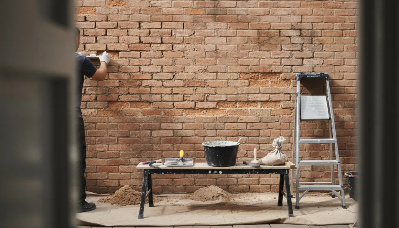 Nærbillede af fugearbejde på en stueplansmur med fjernede fuger, værktøj og frisk mørtel.