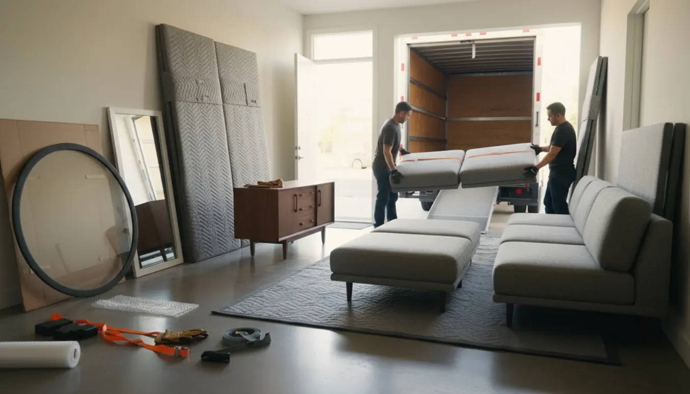 Modulsofa i fire dele, rund glasplade, to spejle, to skydedøre og en skænk pakket klart til flytning ved en åben varevogn.