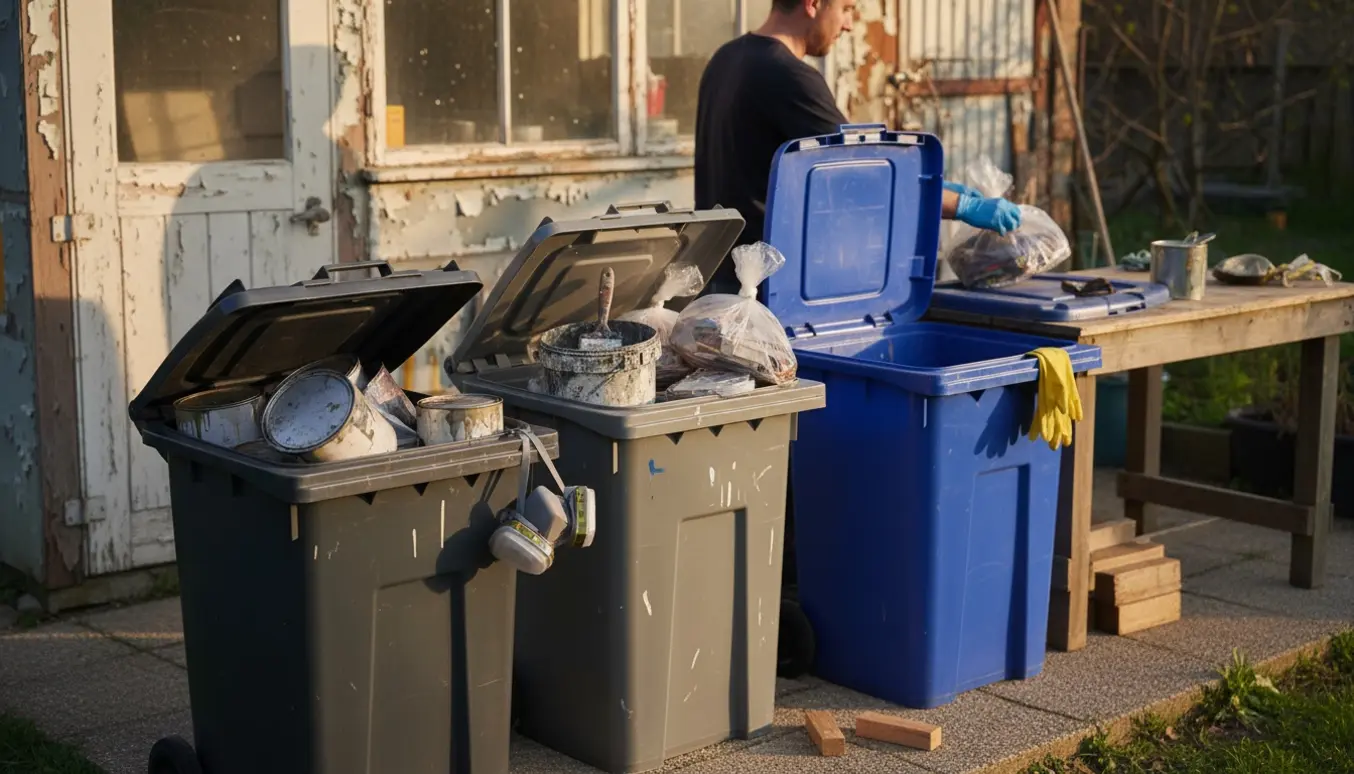 Handskeredd person lægger værkstedsskrald i tre store plastkasser bag værkstedet med malerbøtter, oliepletter, klare sække med brændbart affald og træstænger.