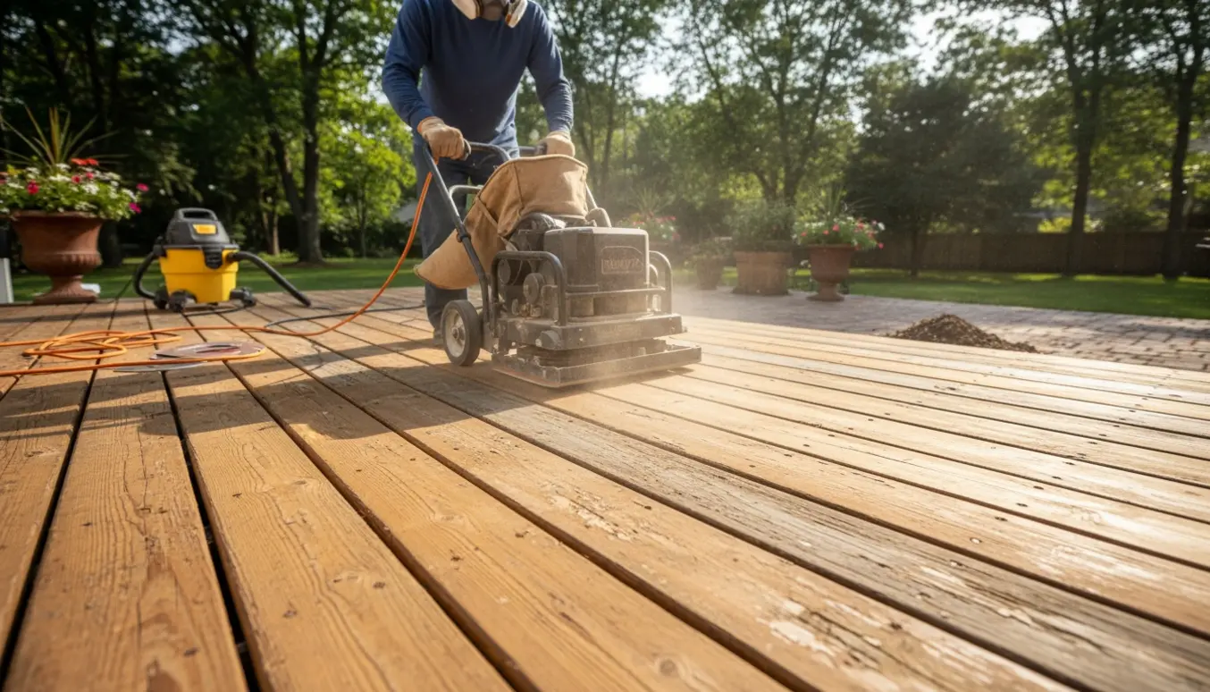 Slibning af en ældre træterrasse med gulvsliber, tydelig kontrast mellem nyligt slibet træ og vejrede planker.