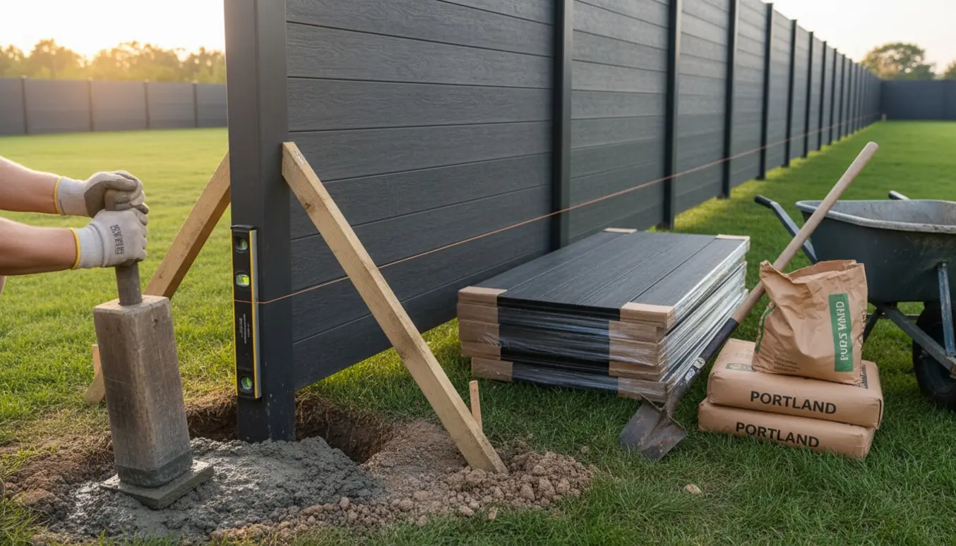 Arbejder sætter kompositstolper i beton med paneler og materialer klar i haven.