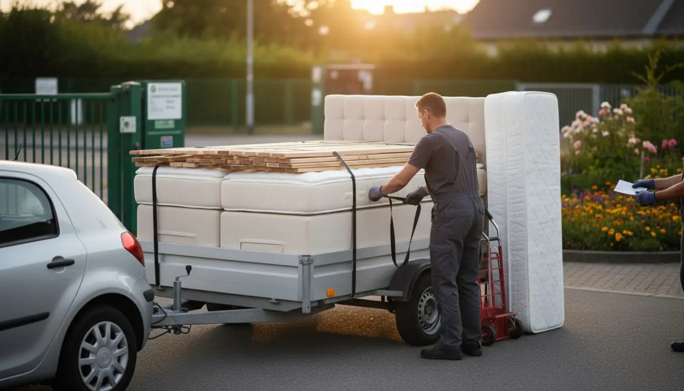 En person læsser en adskilt kontinental seng og madrasser på en trailer i indkørsel, klar til aflevering på genbrugspladsen.