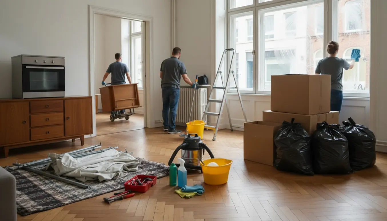 Fjernelse af møbler, affald og afmontering af gardiner i en lys stue med rengøringsudstyr og store vinduer mod gaden.