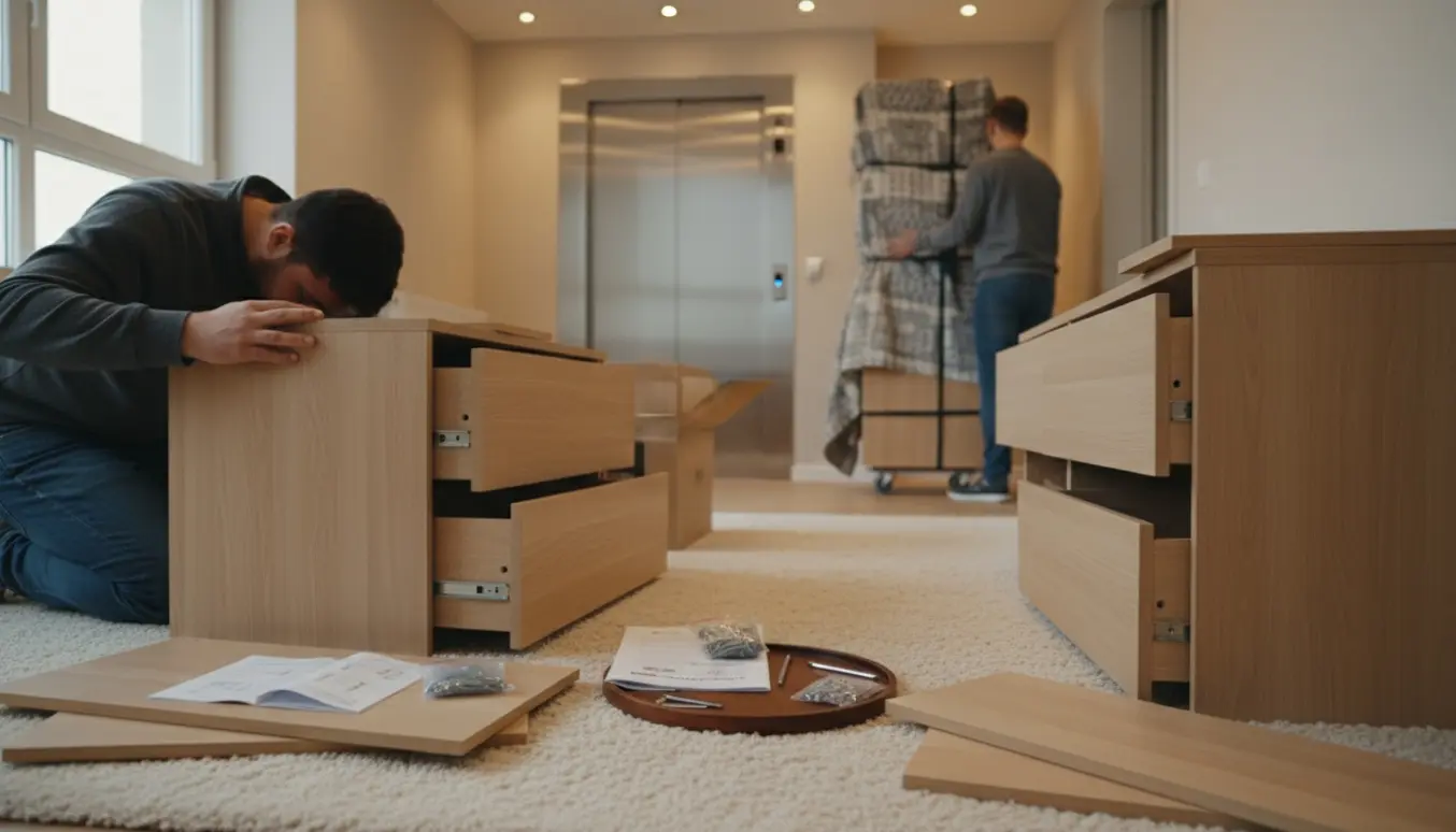 Fladpakkede kommoder samles i opgangen, mens et skab bæres mod elevatoren.