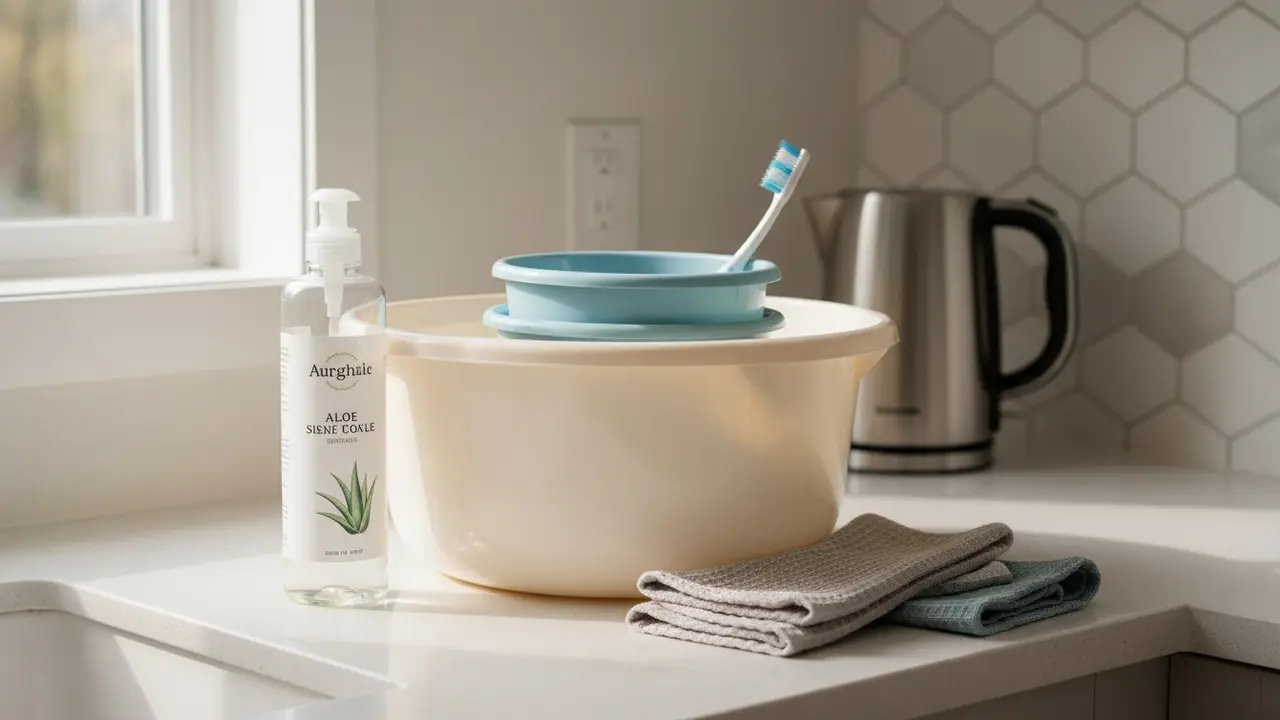 Oversigt over rengøringsmidler: balje, sulfo, tandbørste, viskestykker og kedel