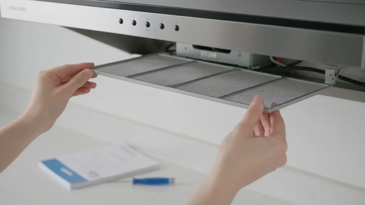 Hænder fjerner et fedtfilter fra emhætte, filterets metalnet er tydeligt