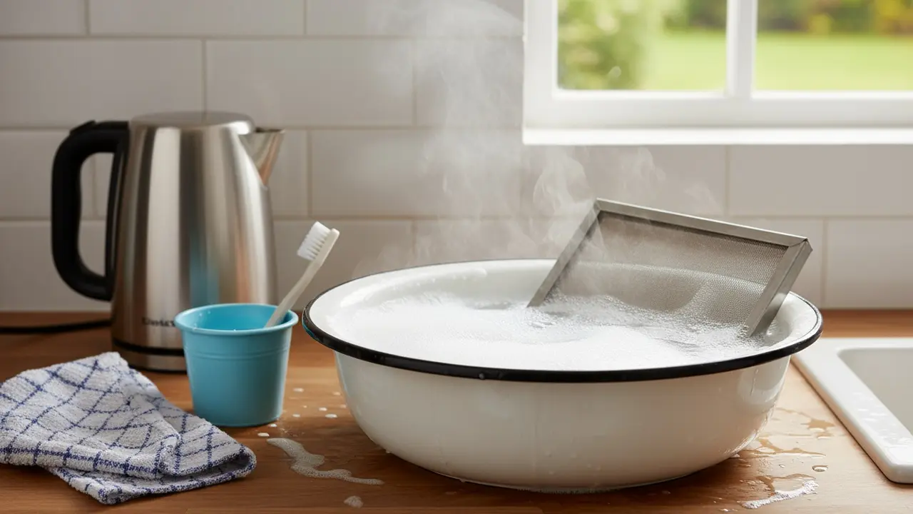 Emhættefilter ligger i blød i en balje med varmt sæbevand, tandbørste og klud ved siden af