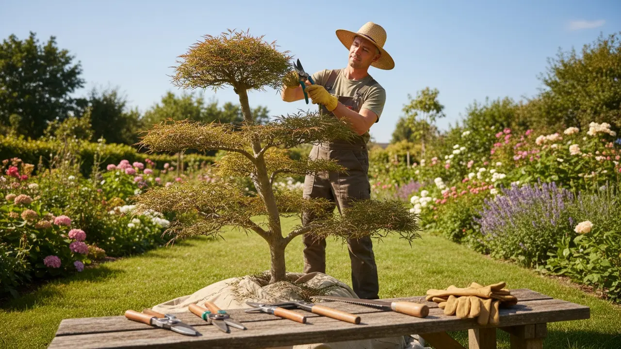 Gartner beskærer et lille træ med beskæringsredskaber på en træbænk i solen