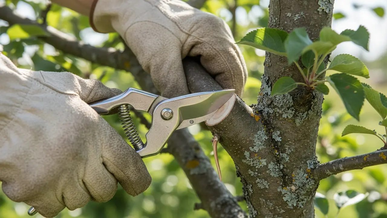 Nærbillede af handsker og beskæringssakse der laver et 45° snit i en æbletræsgren