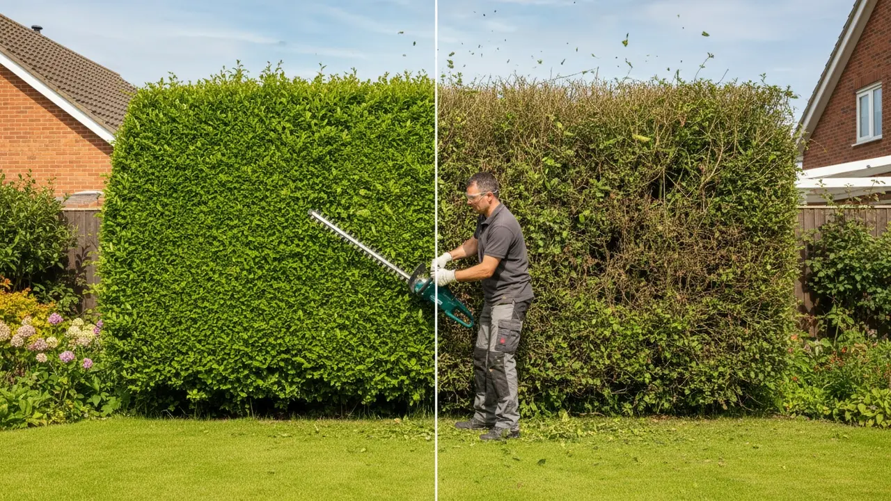 Person trimmer hæk med el-hækkeklipper, med synlig før/efter kontrast