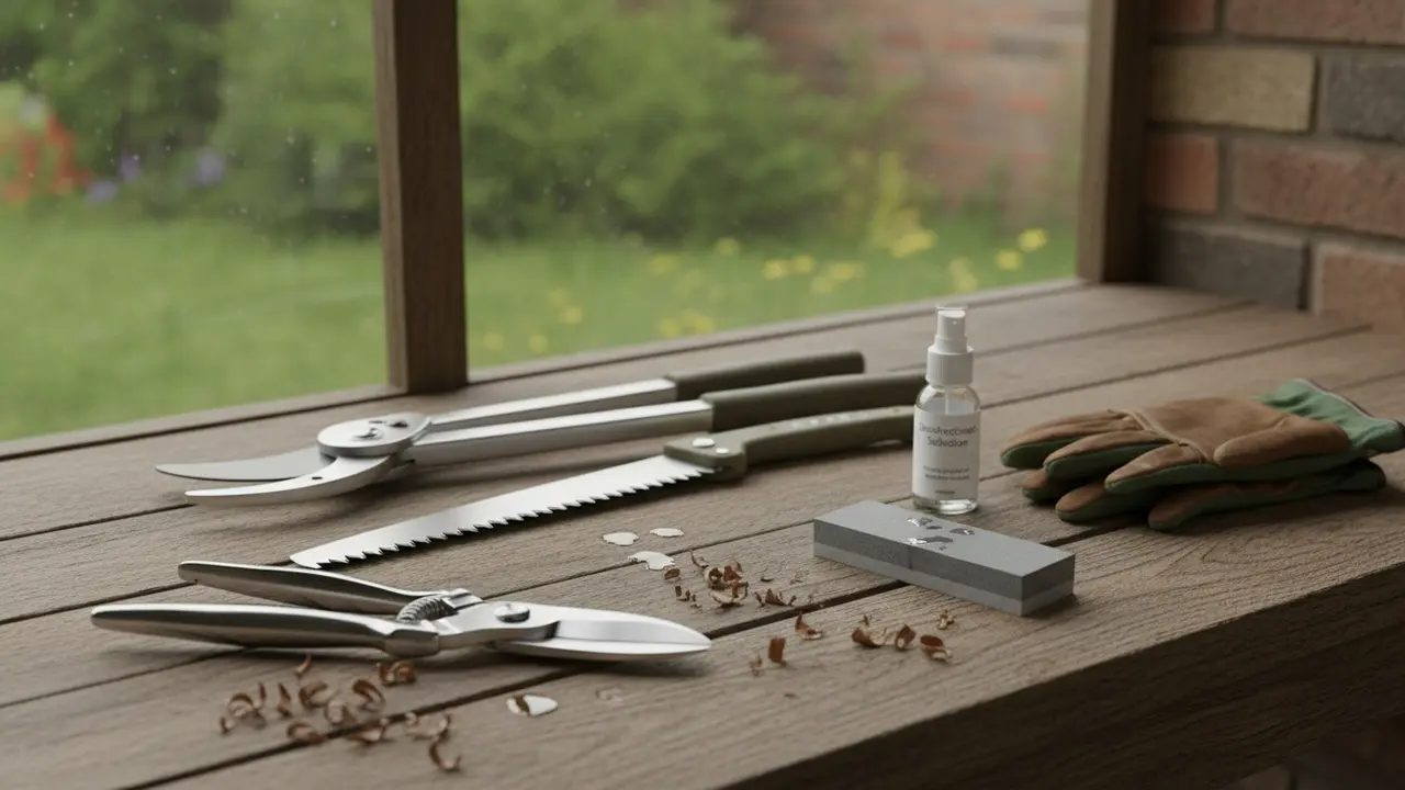 Rengjorte og slebne beskæringsværktøjer på arbejdsbord med desinfektionsspray og handsker