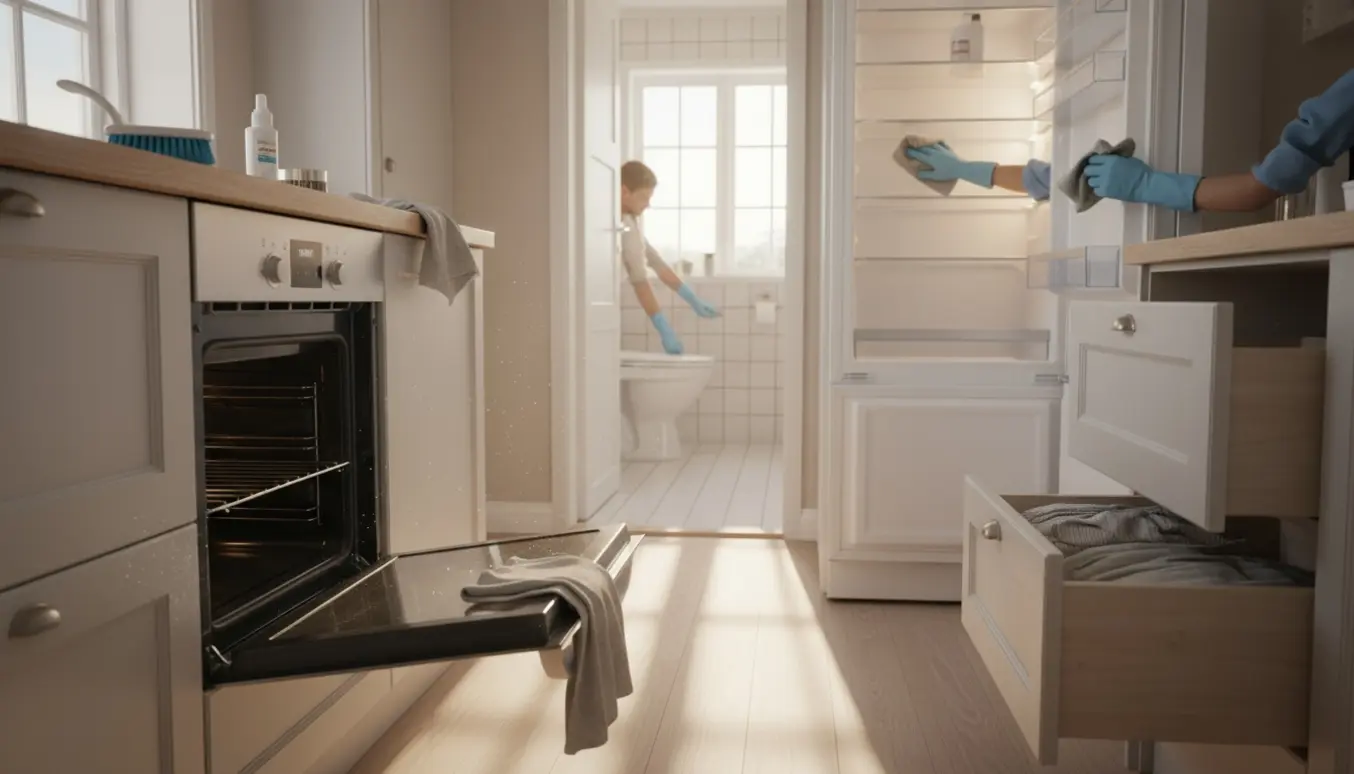 Rengøringshandsker og redskaber i et lyst sommerhus under grundig rengøring af fodlister, ovn, køleskab, skuffer og badeværelse.