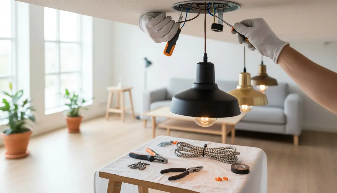 Montørens hænder i handsker monterer to nye lamper i et hjem, med værktøj og ledninger synlige.