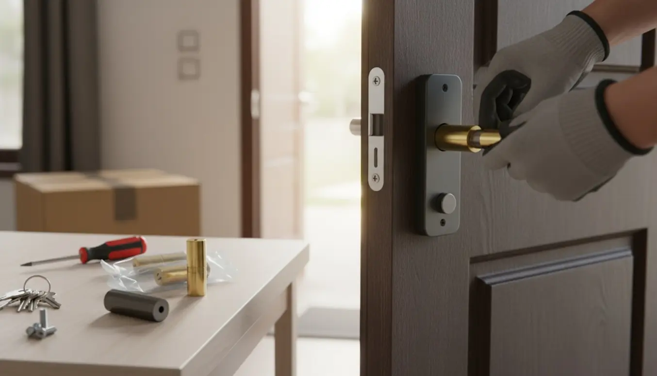 Hænder udskifter tre dørcylindre med nøgler og værktøj, med en flyttekasse i baggrunden.