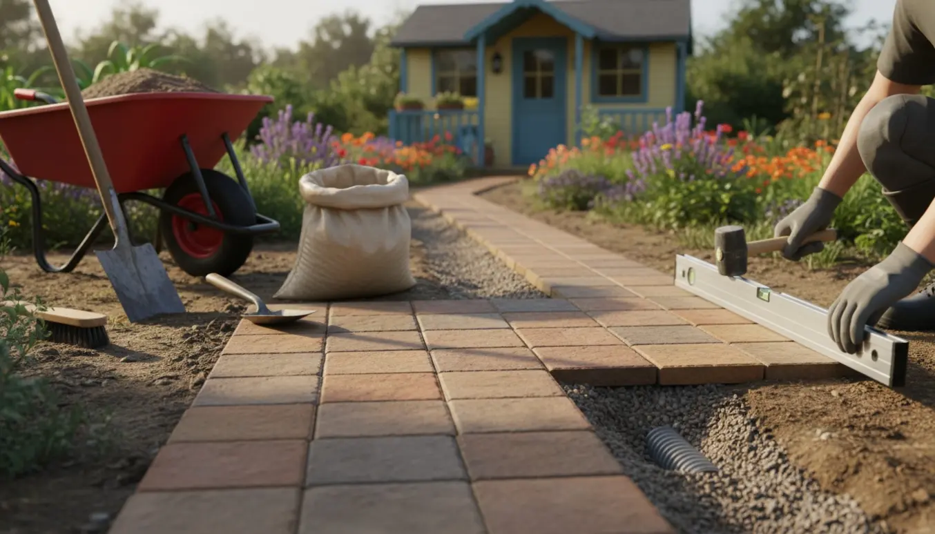 Nyistandsatte fliser og værktøj i en kolonihave efter kloakarbejde, fotograferet i blødt morgenlys.