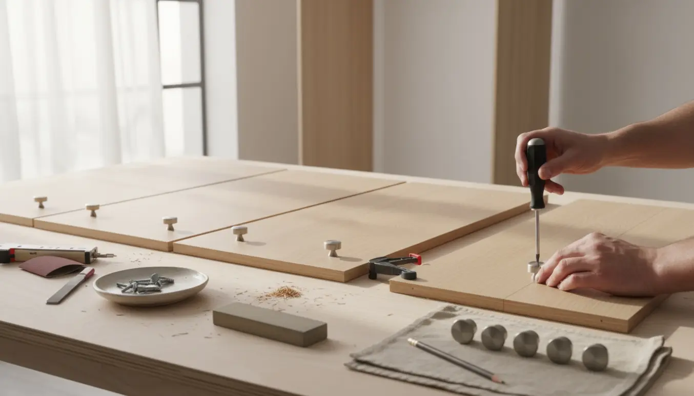 Hænder monterer små greb på PAX-skabslåger med skruetrækker og målebånd i et lyst værksted.