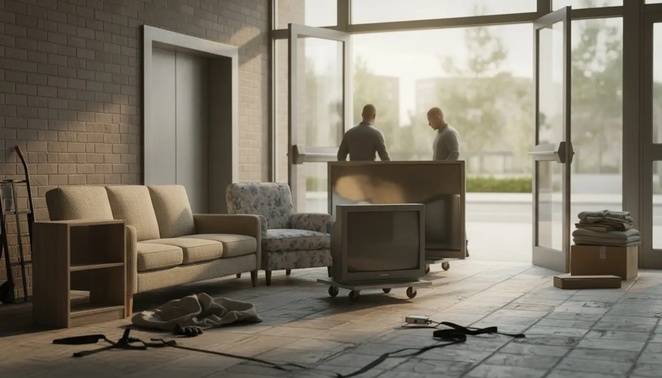 Møbler og to fjernsyn sat ud til storskrald foran en opgang med åben elevator.