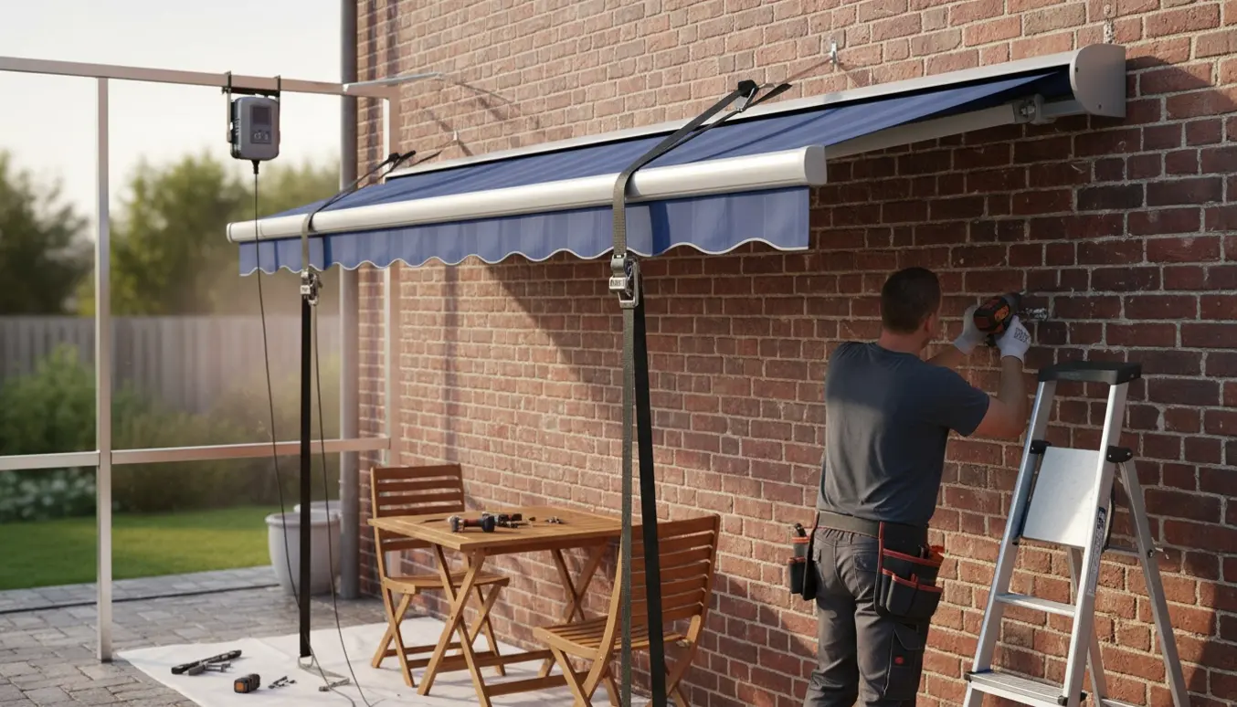 Motoriseret markise på 3x2,5 m bliver monteret på en murstensvæg af håndværkere med værktøj, uden synlige ansigter.