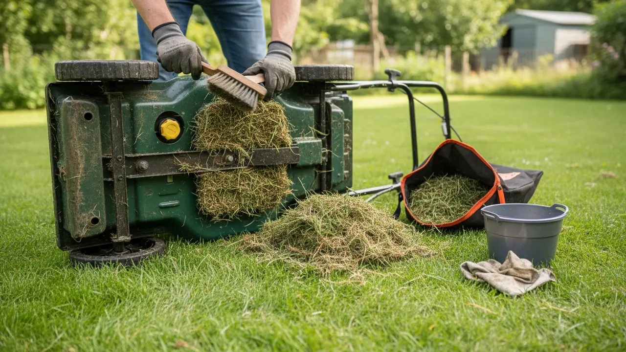 Person renser undersiden af en plæneklipper og tømmer opsamlerpose